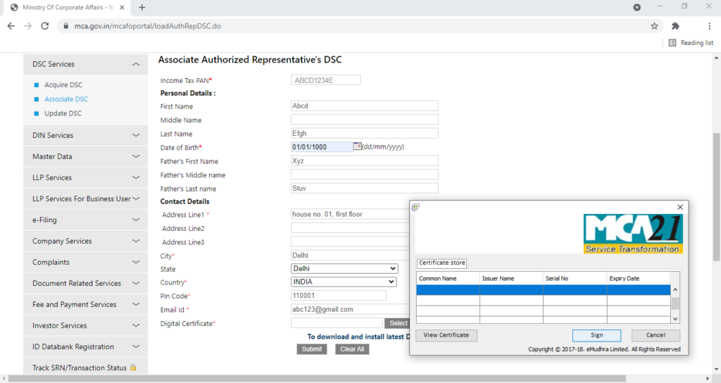 register dsc on mca