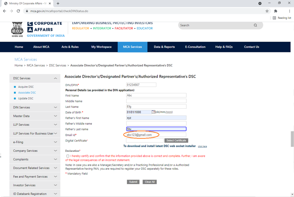 register dsc on mca